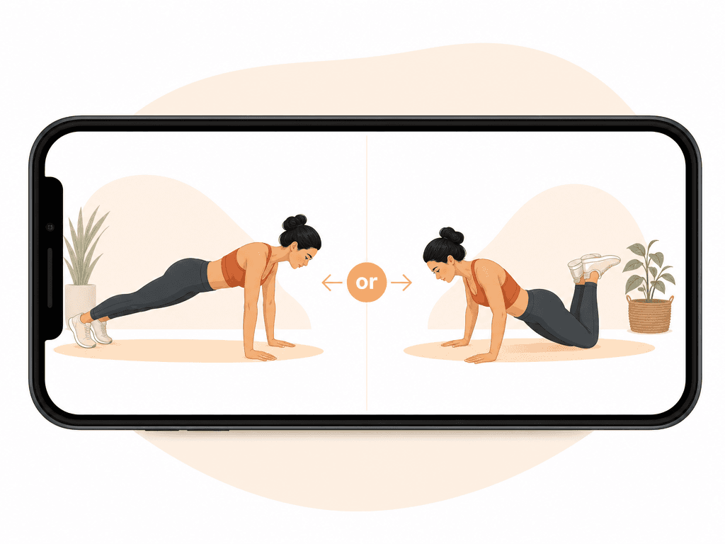 A minimalist flat illustration on a smartphone frame showing a split-screen comparison: left side a person doing a full push-up on toes (standard version), right side a person doing a kneeling push-up (low-impact modification), with a small connecting arrow between them. Soft warm tones.