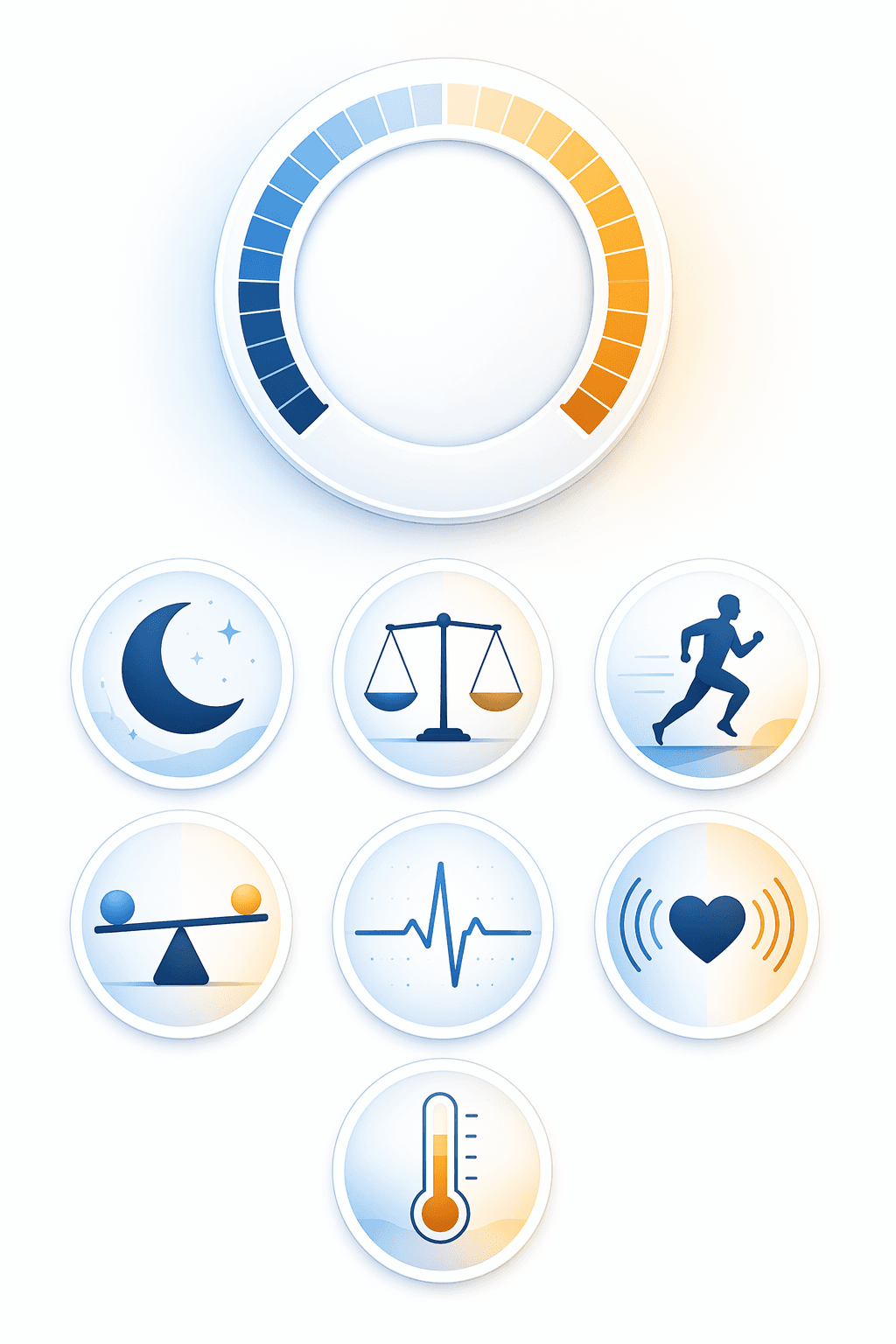 An editorial illustration showing seven circular icons arranged in a balanced layout representing the Oura Readiness Score contributors: a moon for sleep, a balance scale for sleep balance, a running figure for activity, a see-saw for activity balance, a heartbeat line for RHR, a heart with wave lines for HRV balance, and a thermometer for body temperature, with a circular gauge indicator above them all.