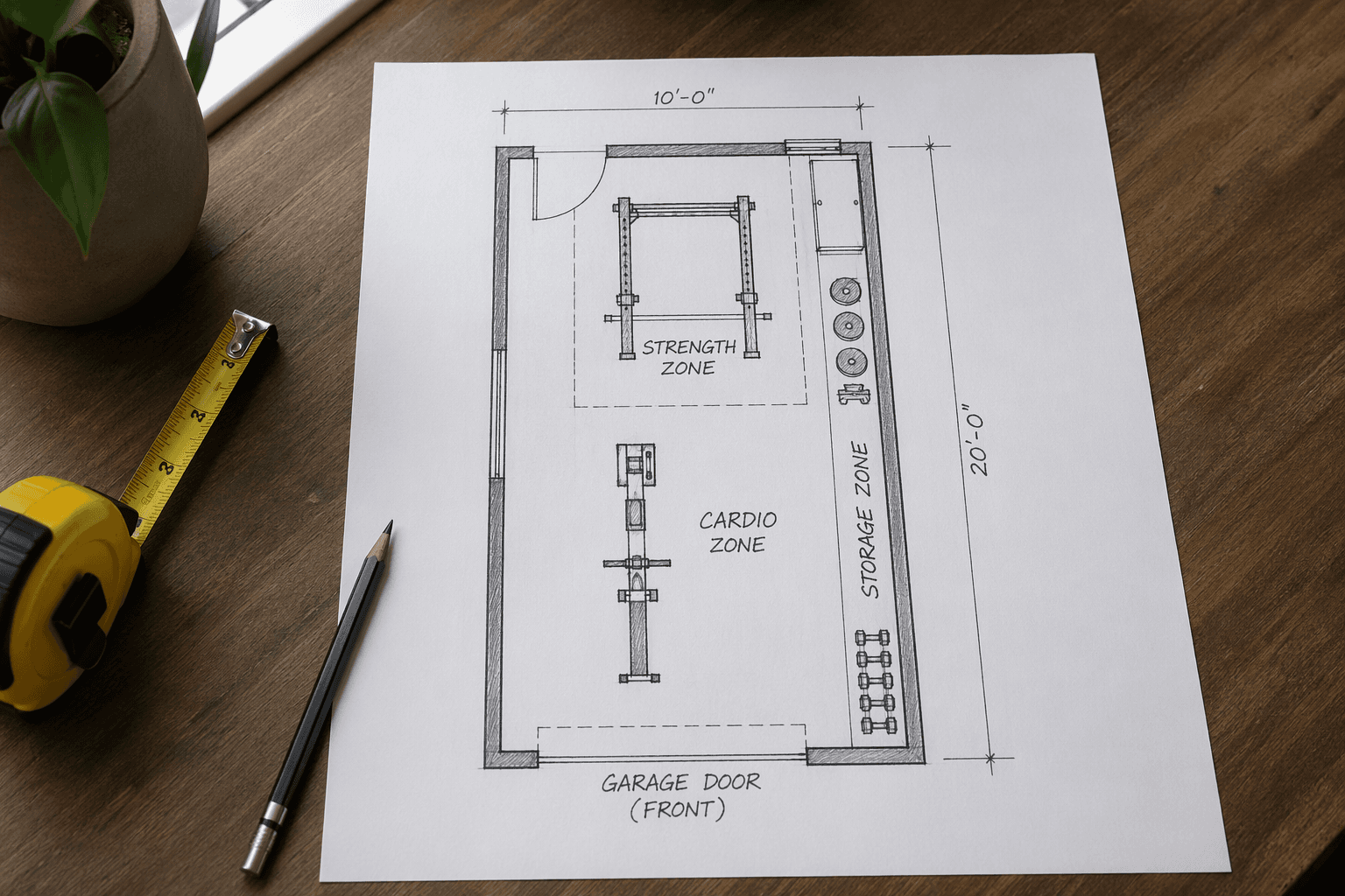 A top-down floor plan sketch on graph paper showing a single-car garage layout approximately 10x20 feet, with three labeled zones: a strength zone outlined with a power rack rectangle, a cardio zone with a rower outline, and a wall storage zone along one side, with a tape measure and pencil beside the paper on a wooden desk.