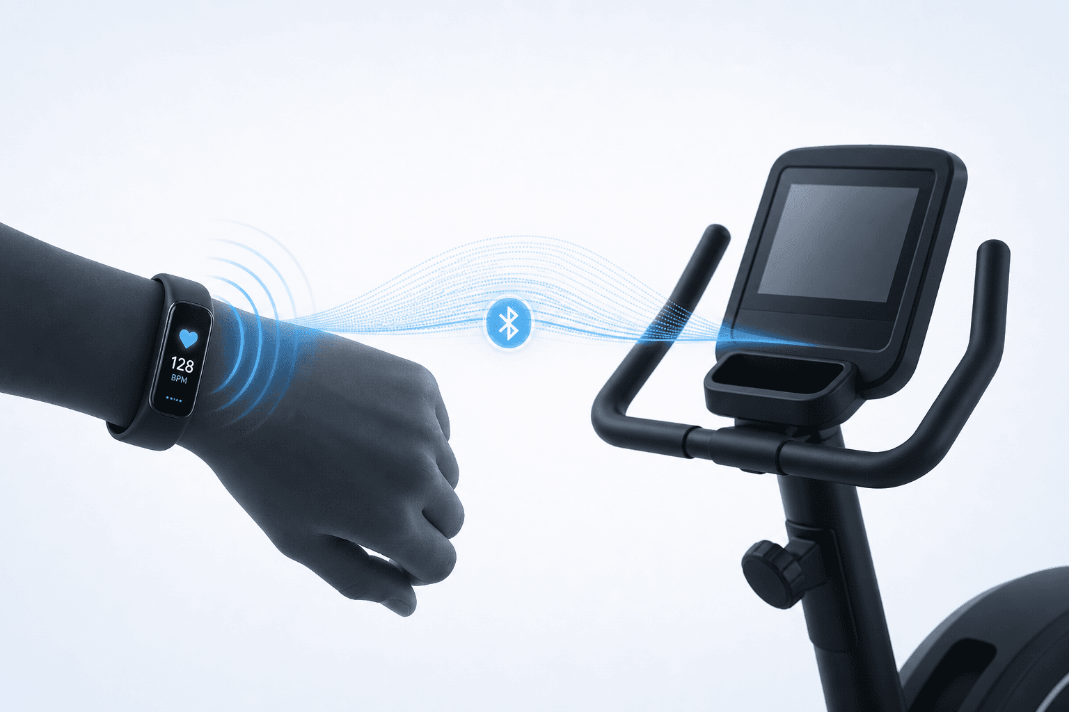 Illustration of a wrist wearing a fitness tracker with a blue wireless signal arcing to a nearby exercise bike console, representing Bluetooth heart rate broadcasting.