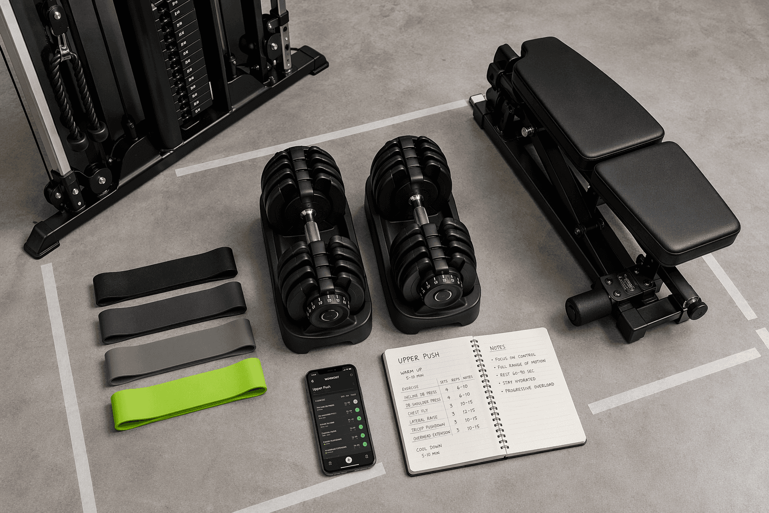 8-Week Compact Home Gym Strength Program: Build Muscle with Adjustable Dumbbells, Bands, and a Cable Tower