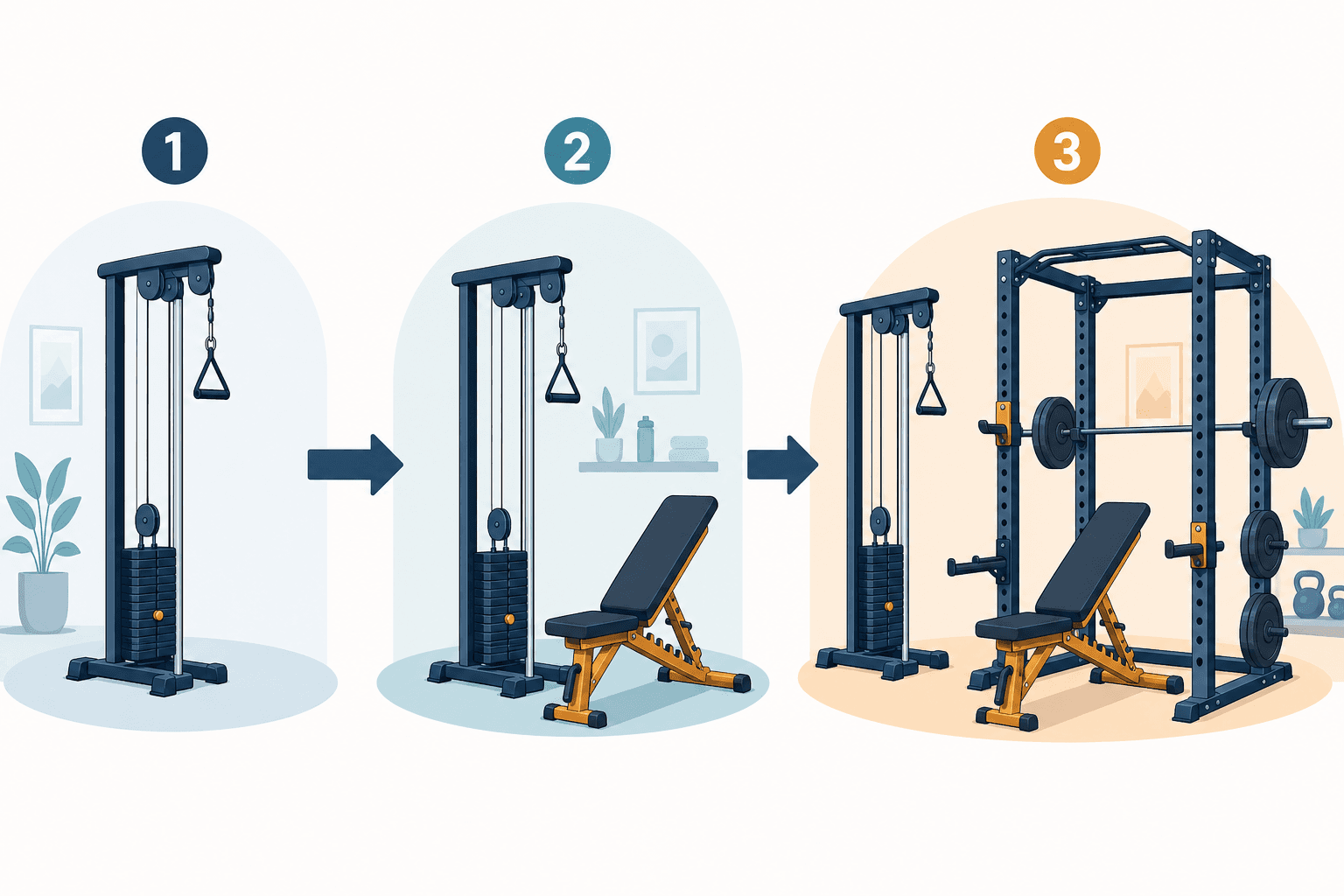 A flat-vector editorial illustration showing a three-step upgrade path: step one shows a cable tower with a visible weight stack, step two adds an adjustable bench beside it, step three adds a power rack, with connecting arrows and warm orange accents highlighting the newly added equipment at each stage against a cool blue background.