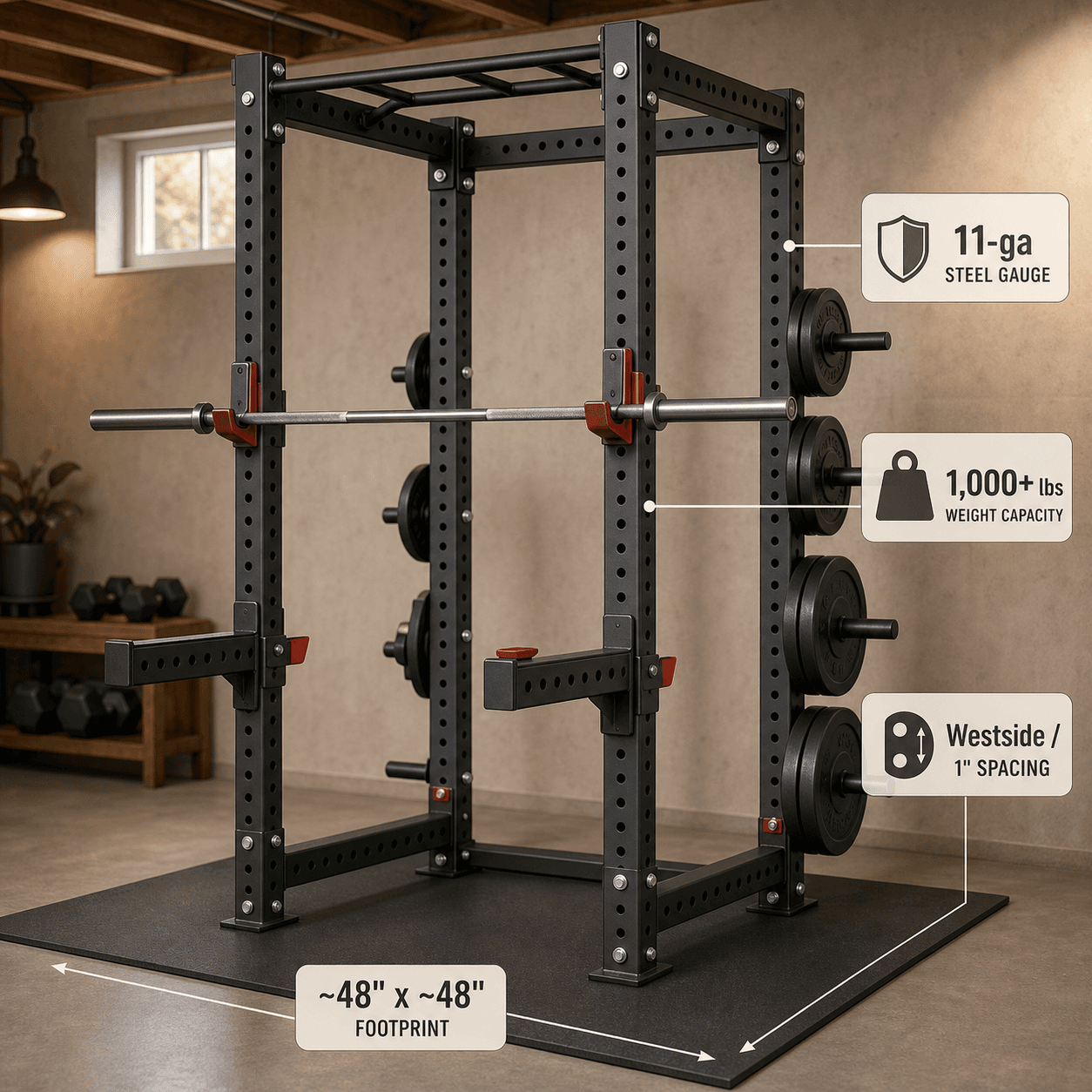 Isometric illustration of a dark gray four-post power rack in a home gym with spec callout labels for footprint, steel gauge, weight capacity, and hole spacing.
