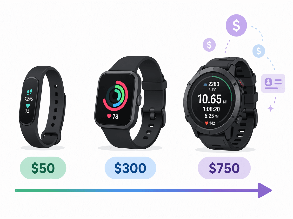 Price spectrum illustration showing three devices from left to right: a small fitness band with a $50 badge, a smartwatch with a $300 badge, and a premium GPS sports watch with a $750 badge, connected by a horizontal arrow from low to high cost.