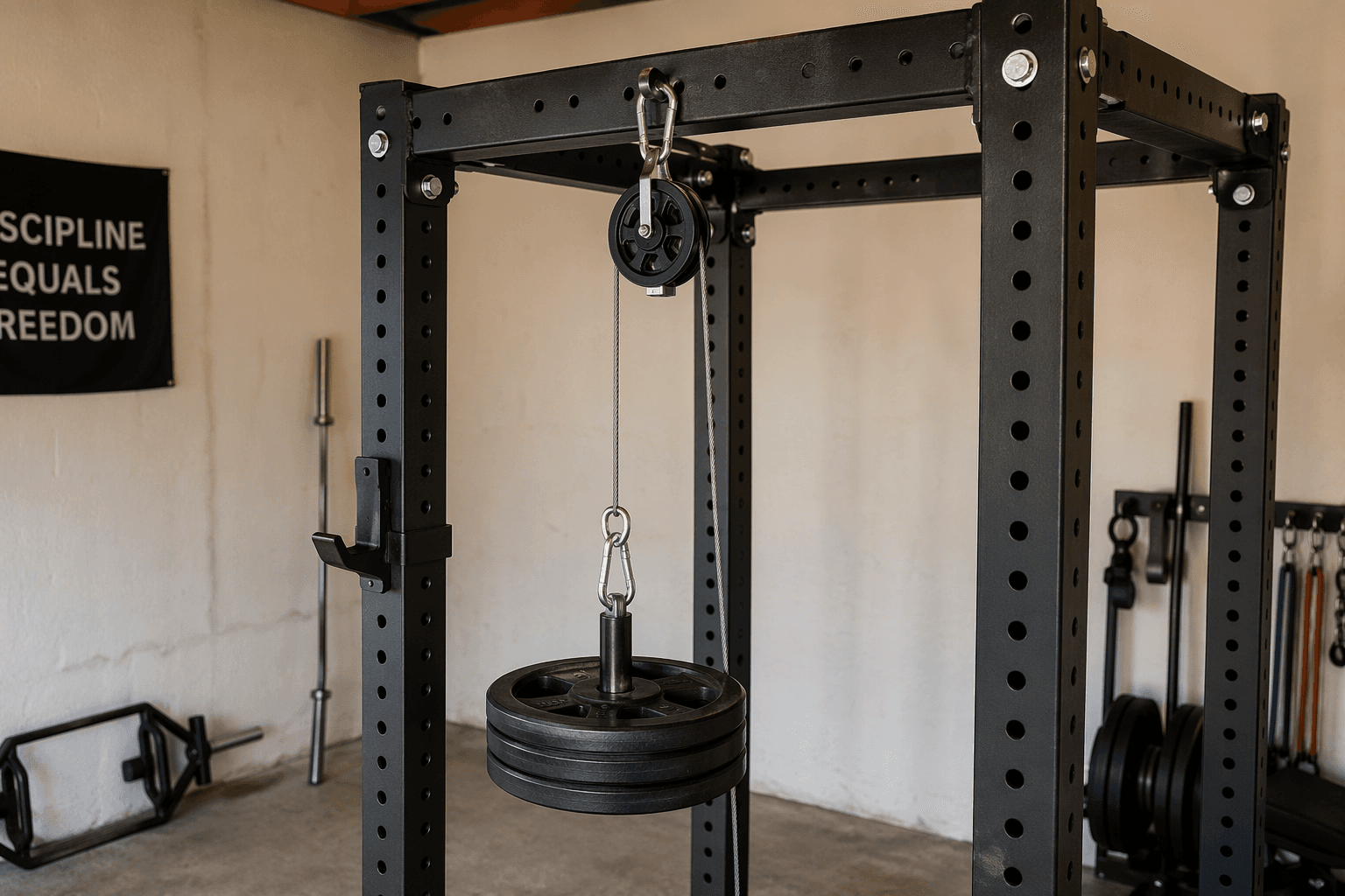 A DIY cable pulley system mounted to the top crossbeam of a black home power rack, showing a nylon pulley wheel, metal carabiners, a braided cable, and a loading pin with weight plates.