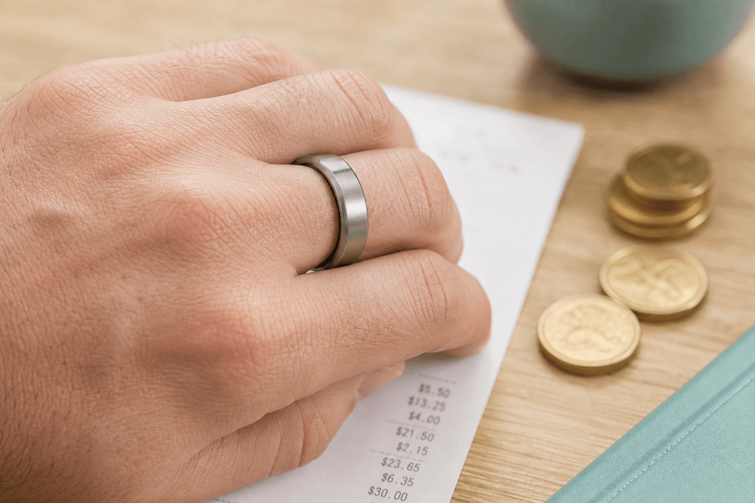 A sleek titanium smart ring on a finger resting on a wooden surface, with small gold coins and a paper receipt faintly visible beneath it, suggesting cost and subscription value.