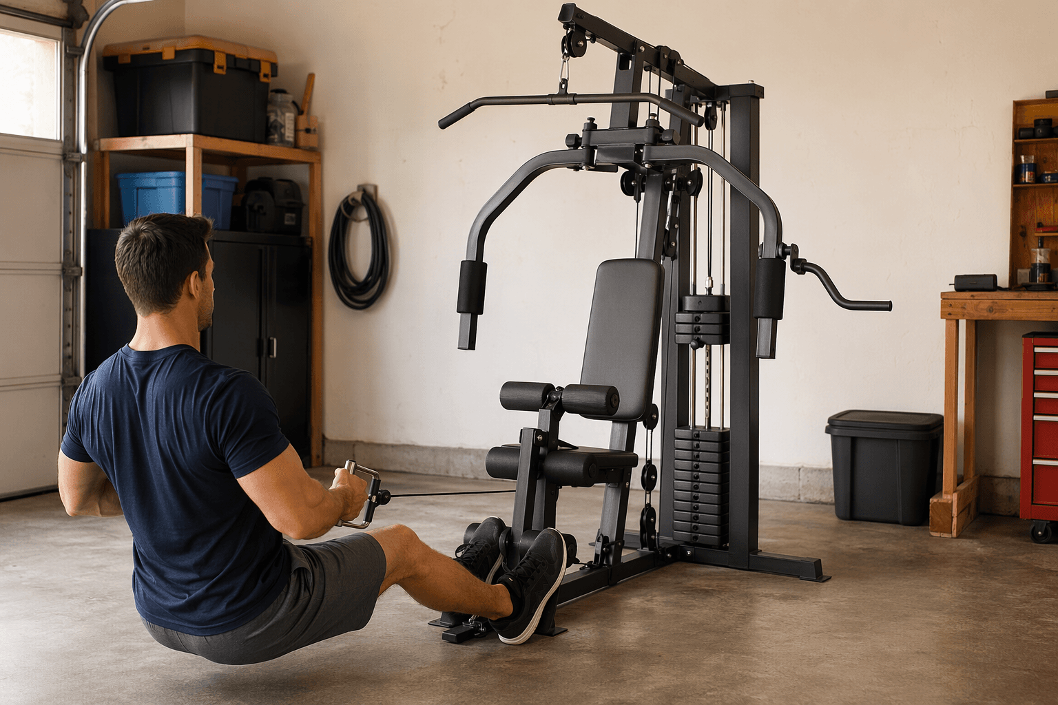 A Marcy-style 150lb selectorized weight stack home gym shown at a 3/4 angle in a home garage, with a person seated and doing a row exercise using the low pulley station, press arms extended, lat bar hanging from the upper pulley, and leg developer folded down, with warm natural lighting and concrete floor background.