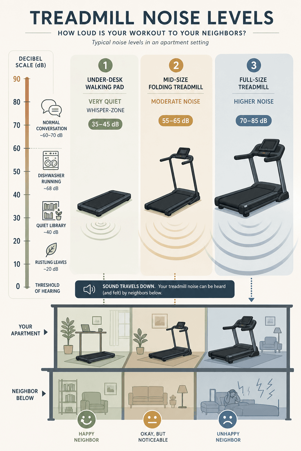 Noise level comparison of three treadmill types in an apartment with decibel scale and neighbor icons.
