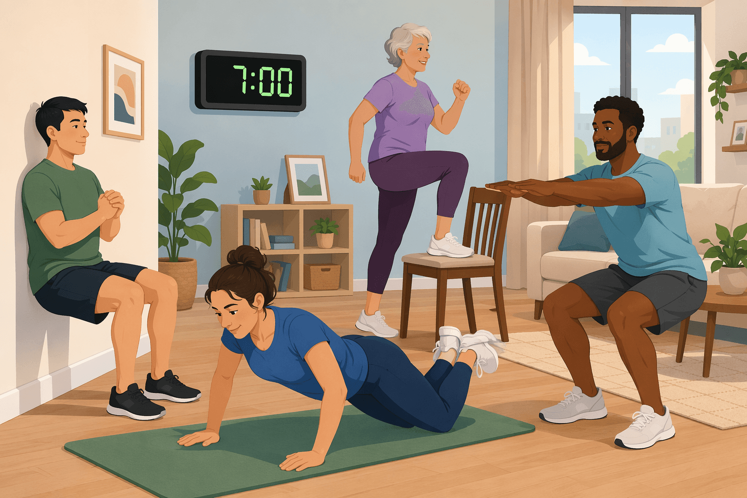 Three people in a bright living room doing bodyweight exercises from the 7‑minute circuit: one performs a wall sit, one does knee push‑ups on a mat, and one does step‑ups onto a sturdy chair. A digital timer reads 7:00.