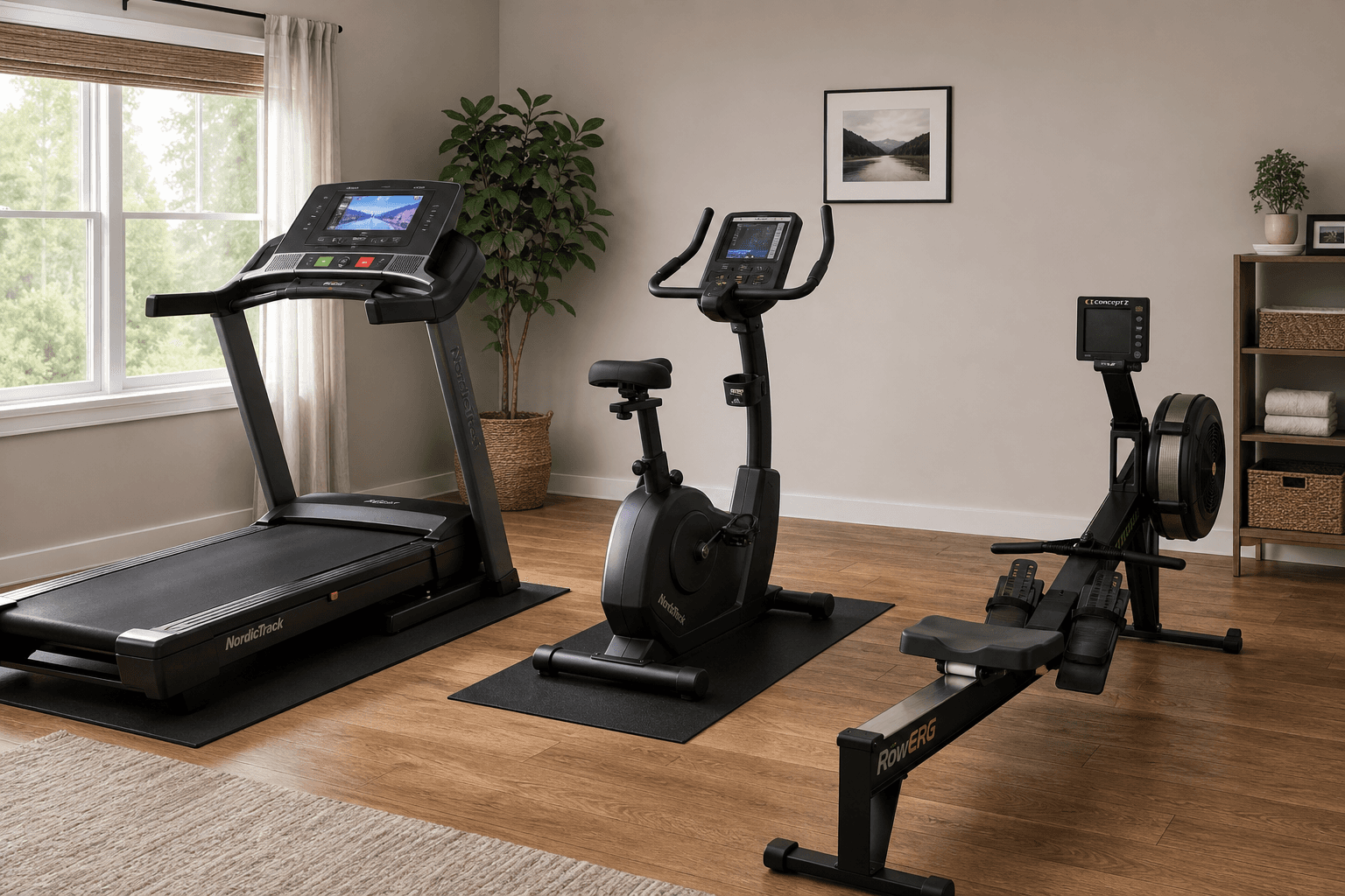 A home gym room with a treadmill on the left, an upright bike in the center, and a rowing machine on the right, shown on hardwood floors with natural light.