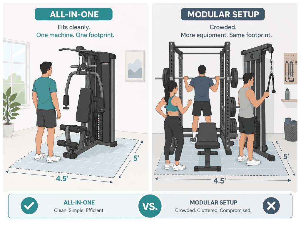 Split flat vector illustration comparing an all-in-one machine within a 4.5' x 5' footprint grid on the left versus a modular squat rack, bench, barbell, and cable tower crowded into the same footprint on the right, with human figures for scale.