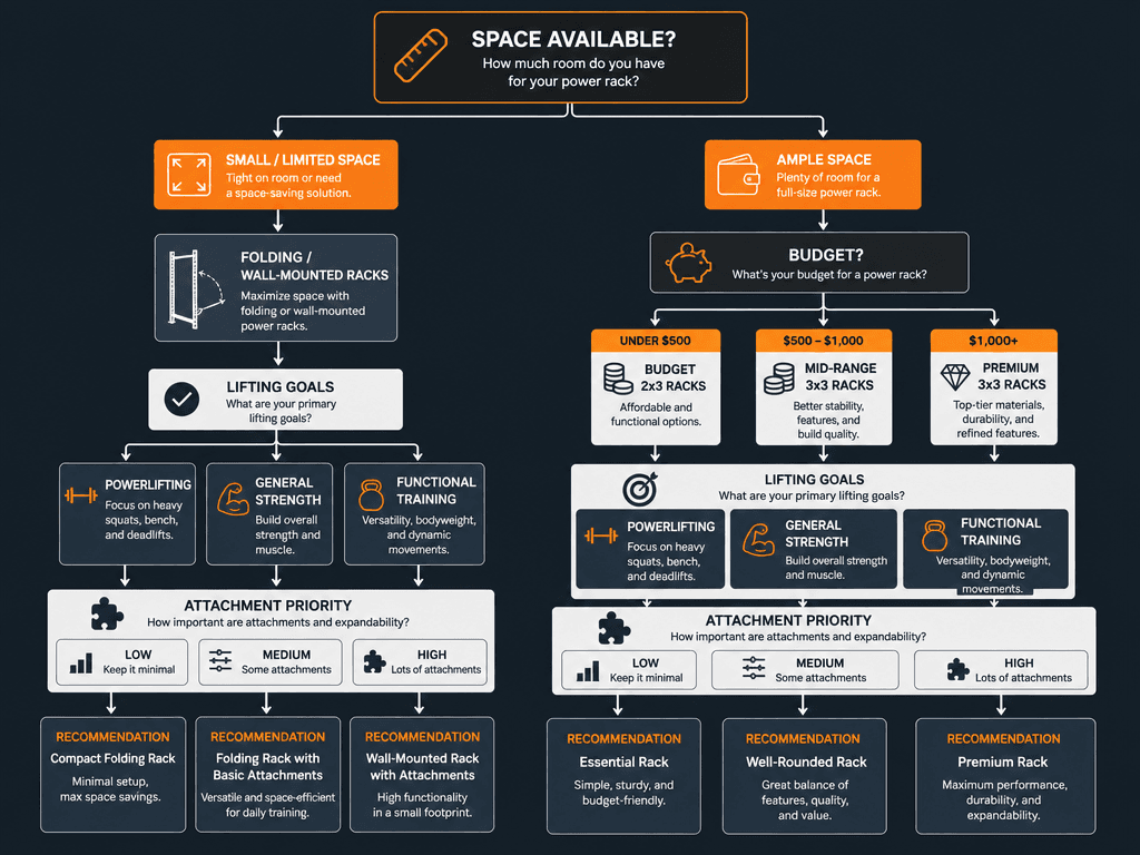 Flowchart-style decision tree diagram guiding readers from space availability through budget, lifting goals, and attachment priority to specific rack type recommendations.