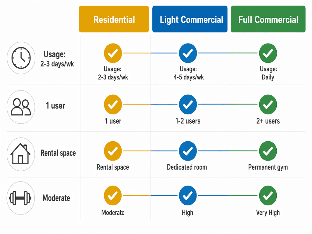 Decision matrix infographic with three columns for Residential, Light Commercial, and Full Commercial equipment tiers and four row criteria.