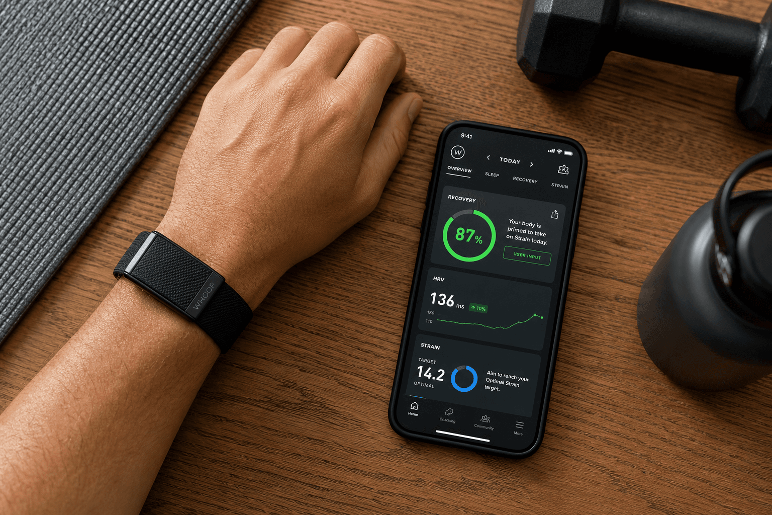 Flat-lay composition of a Whoop 5.0 band on a wrist next to a smartphone showing a green recovery dashboard, with a dumbbell, yoga mat, and water bottle in soft focus.