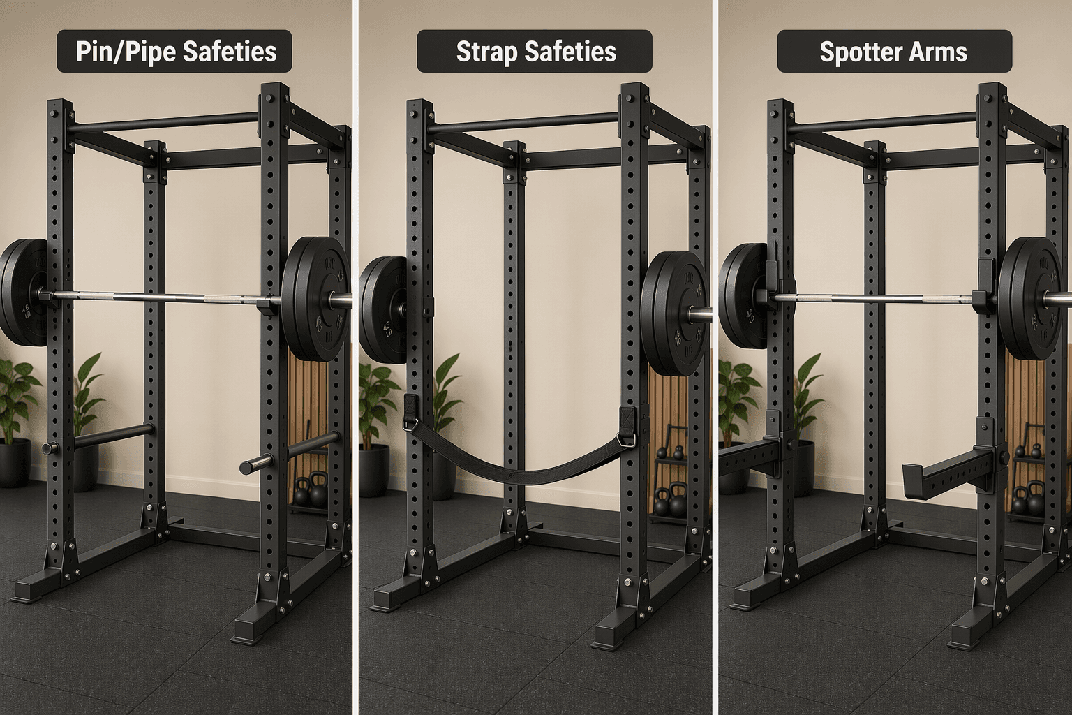 Three-panel comparison illustration showing pin/pipe safeties, fabric strap safeties, and flip-down spotter arms.