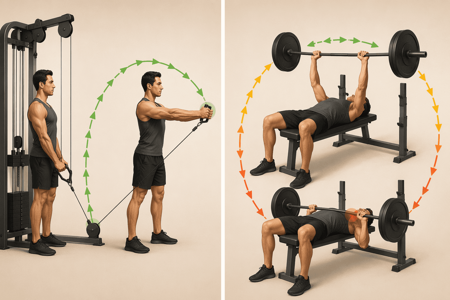 Split-screen illustration comparing cable tension (even throughout movement) vs. barbell tension (variable due to gravity).