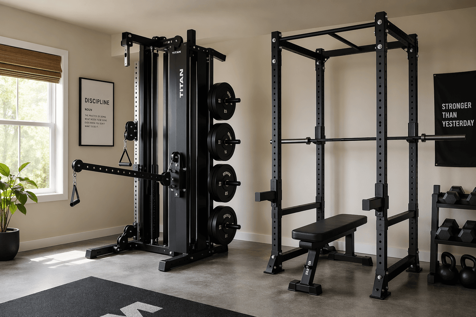 A black steel plate-loaded cable tower with weight plates on its storage pegs, standing beside a compact power rack, in a home gym with concrete gray flooring and warm neutral walls.