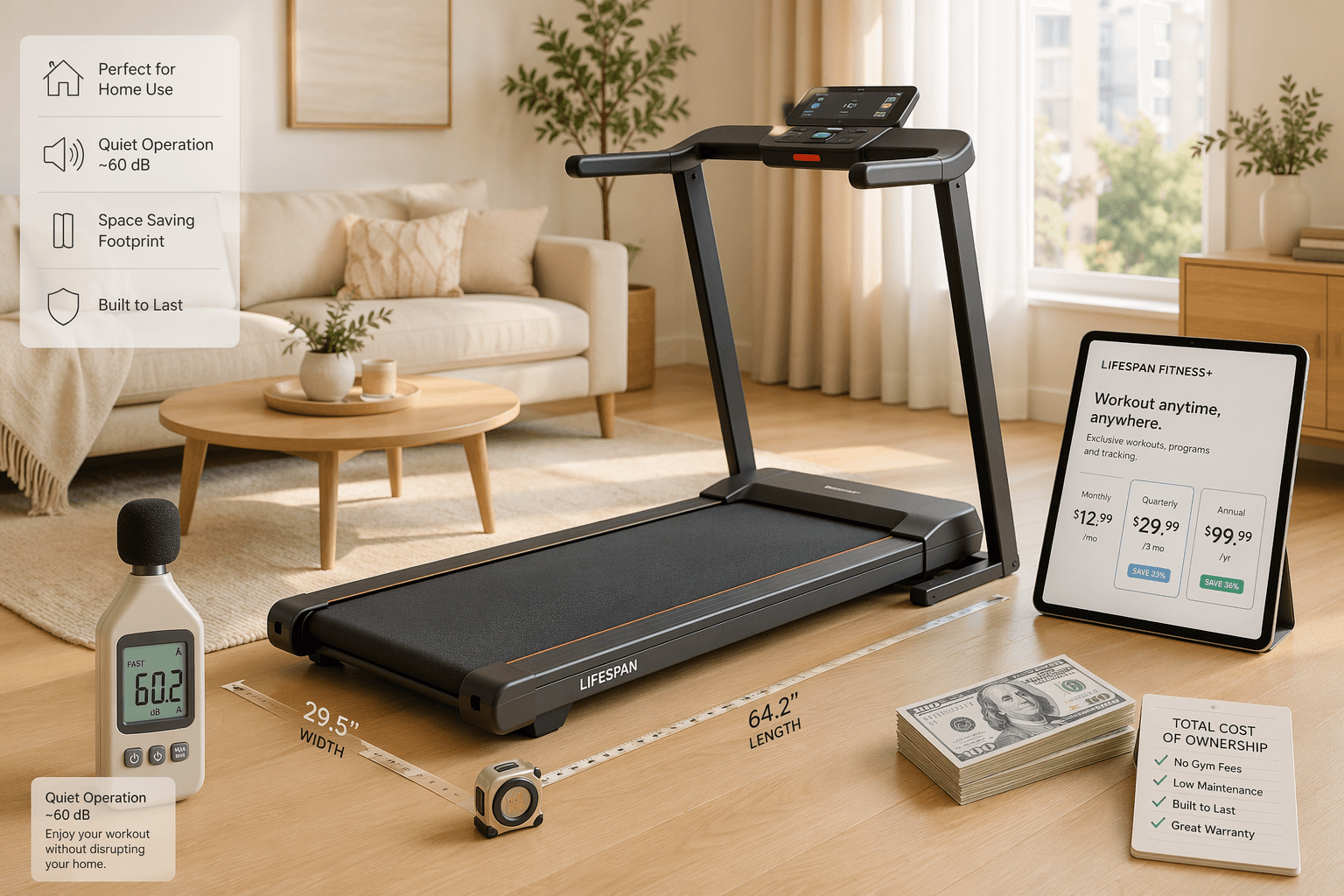 A bright editorial flat-lay of a modern home treadmill in a warm-toned living room, surrounded by annotation elements: a tape measure near the base, a decibel meter on the side, a tablet showing a subscription pricing screen, and a small stack of currency notes representing total cost of ownership.