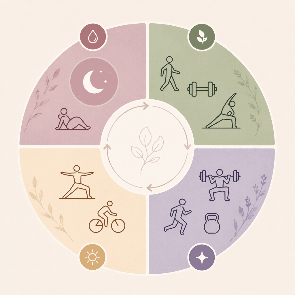 A circular calendar-like illustration divided into four color-coded phases representing the menstrual cycle, with small abstract workout icons (weights, walking figure, yoga pose, moon/rest symbol) placed at each phase to show varying workout intensity, in muted mauve, sage, lavender, and warm cream tones.