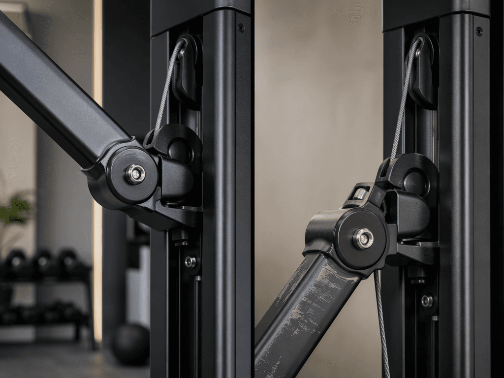 Close-up editorial photograph of a Tonal unit's mechanical arm joint and cable pulley system, showing the pivot mechanism, metal arm structure, and cable routing.