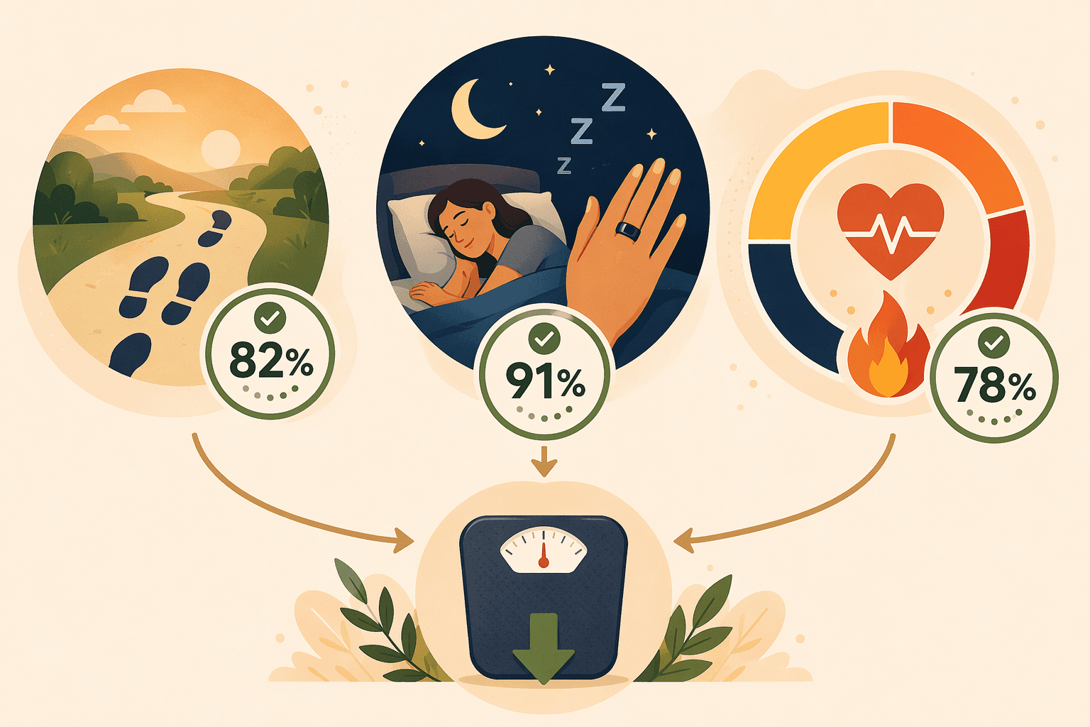 Triptych illustration showing three alternative weight-loss metrics: step count (82% accuracy checkmark), sleep quality (moon and Z symbols with a ring), and active zone minutes (heart with flame). A downward arrow connects all three to a scale icon.