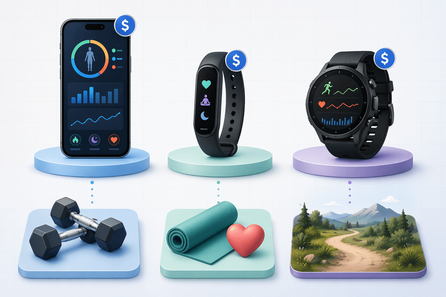 Three workout tracker form factors — a smartphone with a workout app, a slim fitness band, and a GPS sports watch — each matched to a training-style icon below.