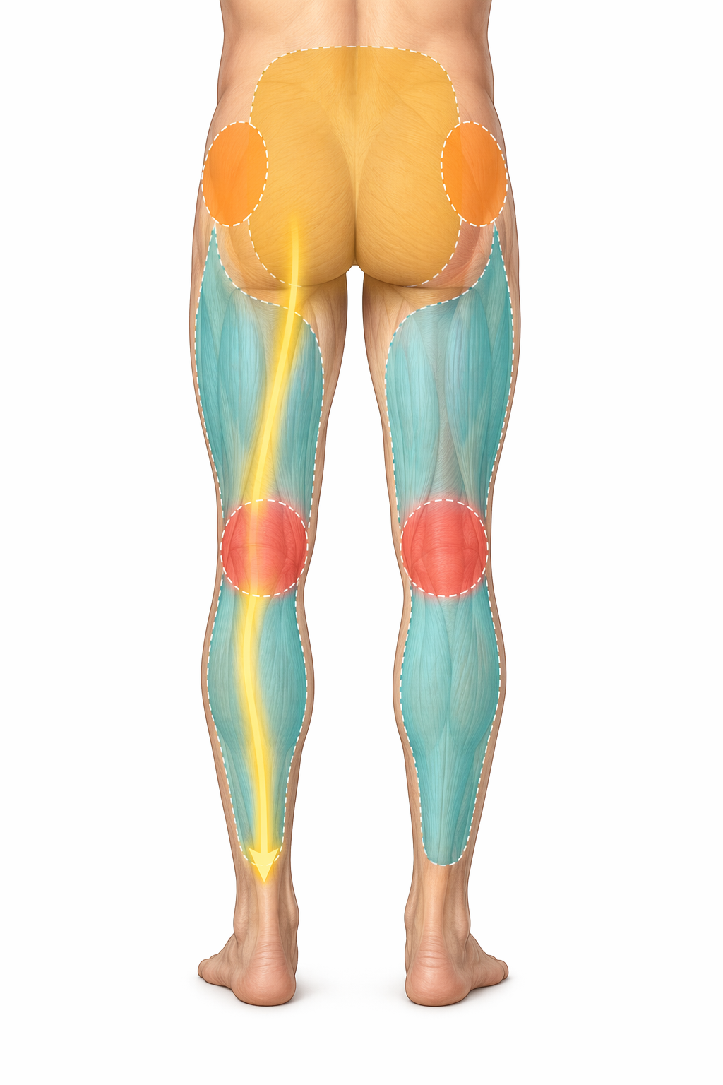 Body diagram with lower back, hip, knee, and thigh and calf pain zones highlighted