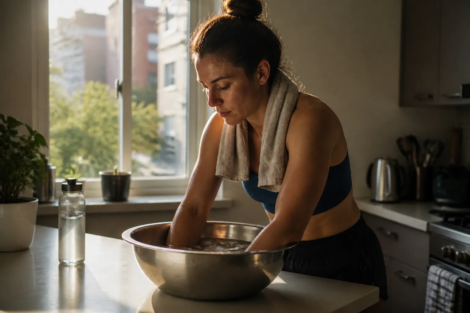 Person pre-cooling before an indoor workout with hands and forearms in a basin of ice water and a damp towel around the neck