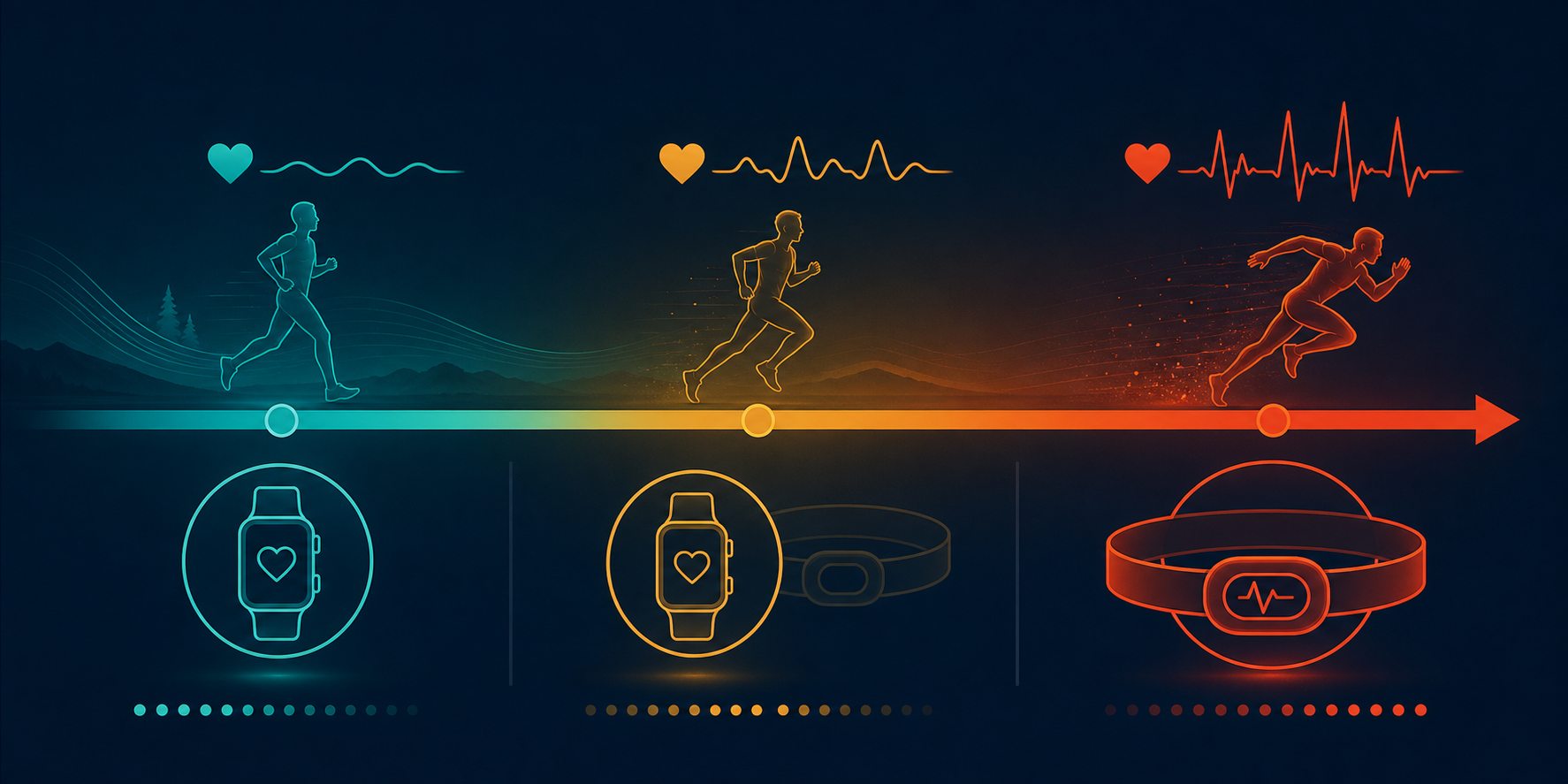 Decision spectrum visual from left to right across workout intensities: a jogging icon with a wristwatch indicates wrist HR sufficient; a moderate run with a wristwatch and faint chest strap silhouette; a sprint with a sharp heart rate spike and prominent chest strap icon indicates chest strap recommended.