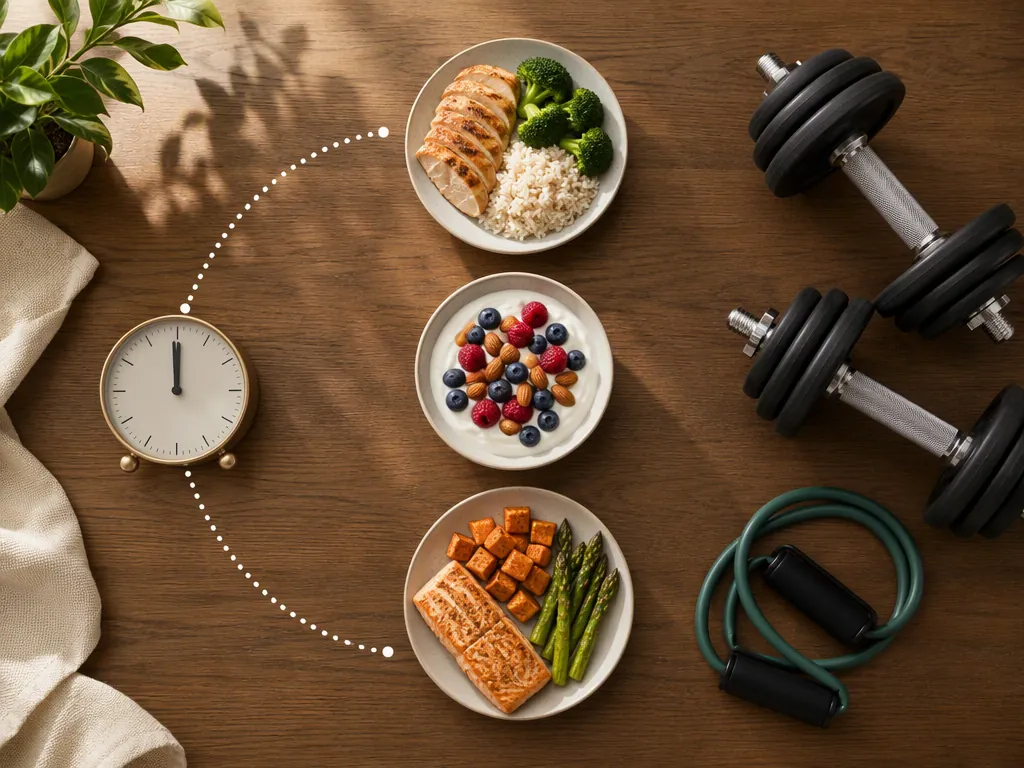 Clock and meals arranged inside an eight-hour eating window beside dumbbells and a resistance band