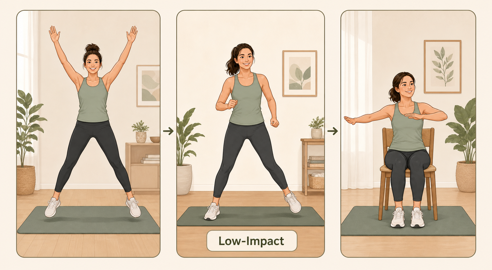 Three-panel illustration showing a standard jumping jack, a low-impact side-step modification, and a seated chair-based version.