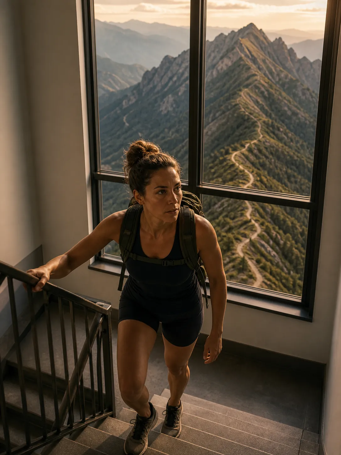 Woman with a small hiking backpack climbing a steep apartment stairwell with a national park ridge visible beyond the window