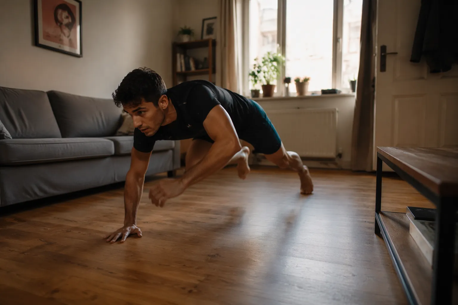 Person performing an explosive sprawl in a compact apartment training space