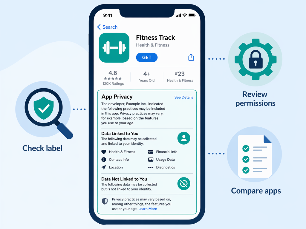 Editorial illustration showing a smartphone with an App Store privacy label summary, surrounded by three icons: check the label, review permissions, and compare apps.