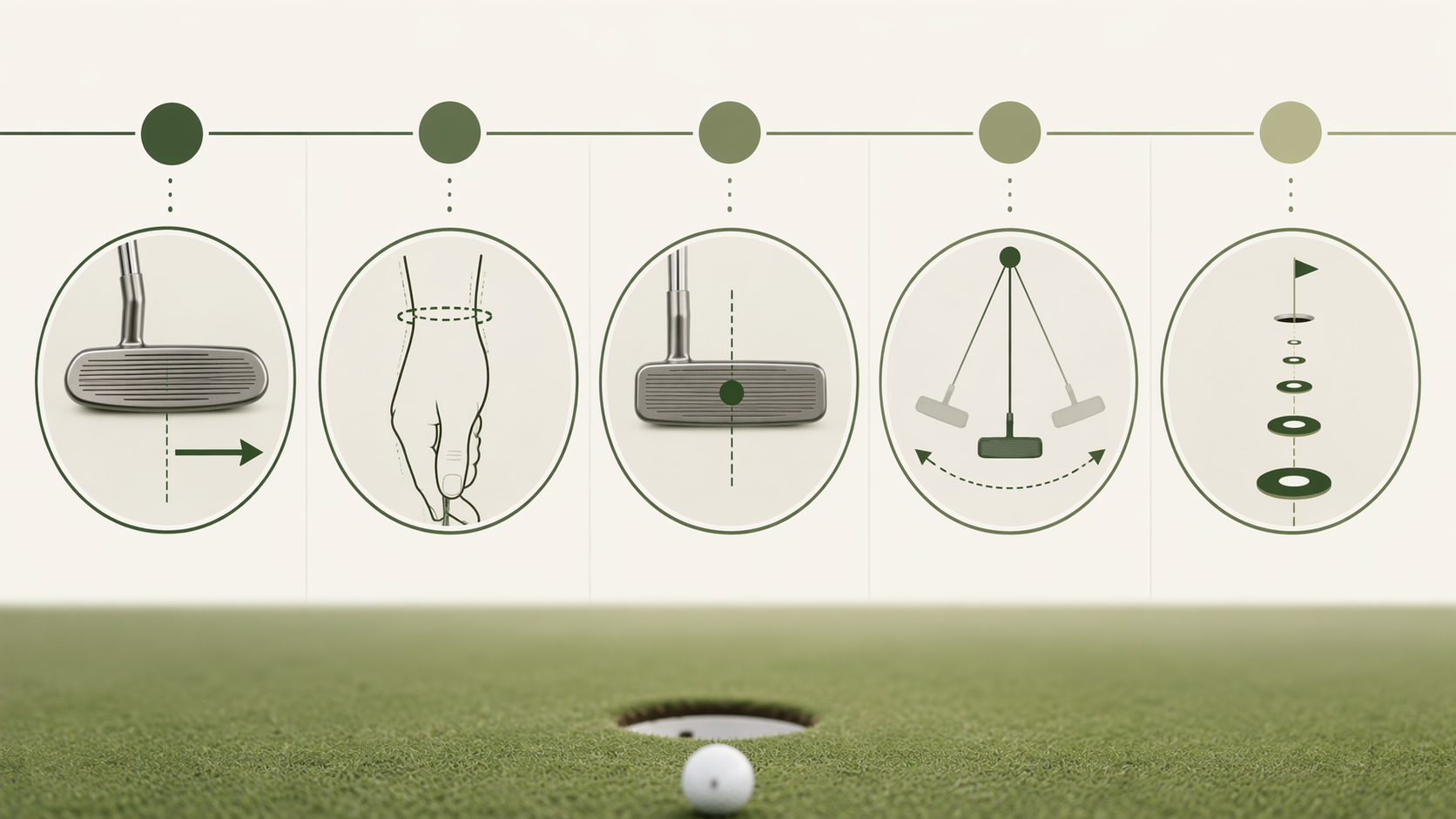 Infographic-style icons representing face control, wrist stability, center contact, tempo, and distance control