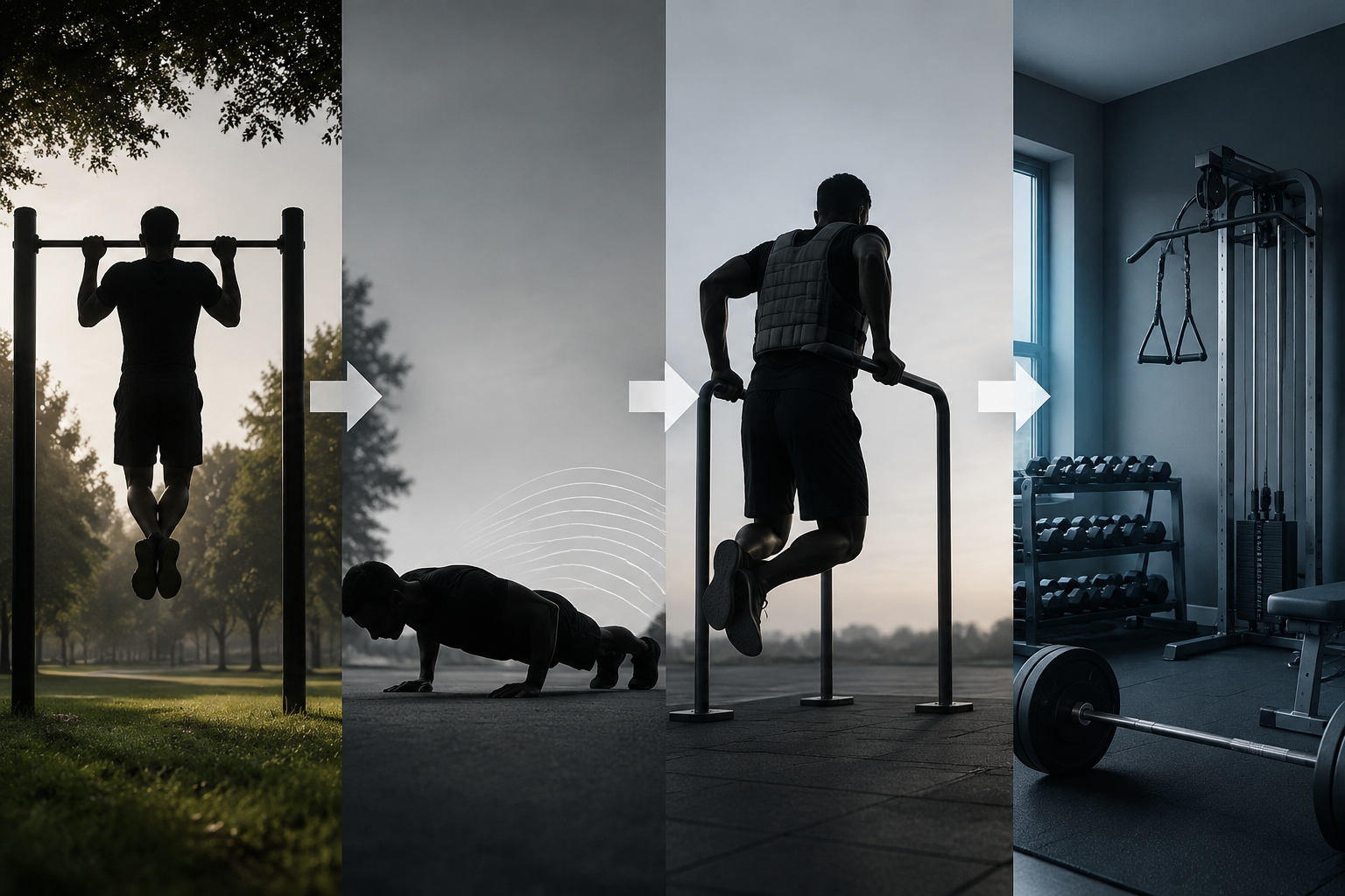 Four-phase training progression from bodyweight foundation to volume building, weighted calisthenics, and home gym integration
