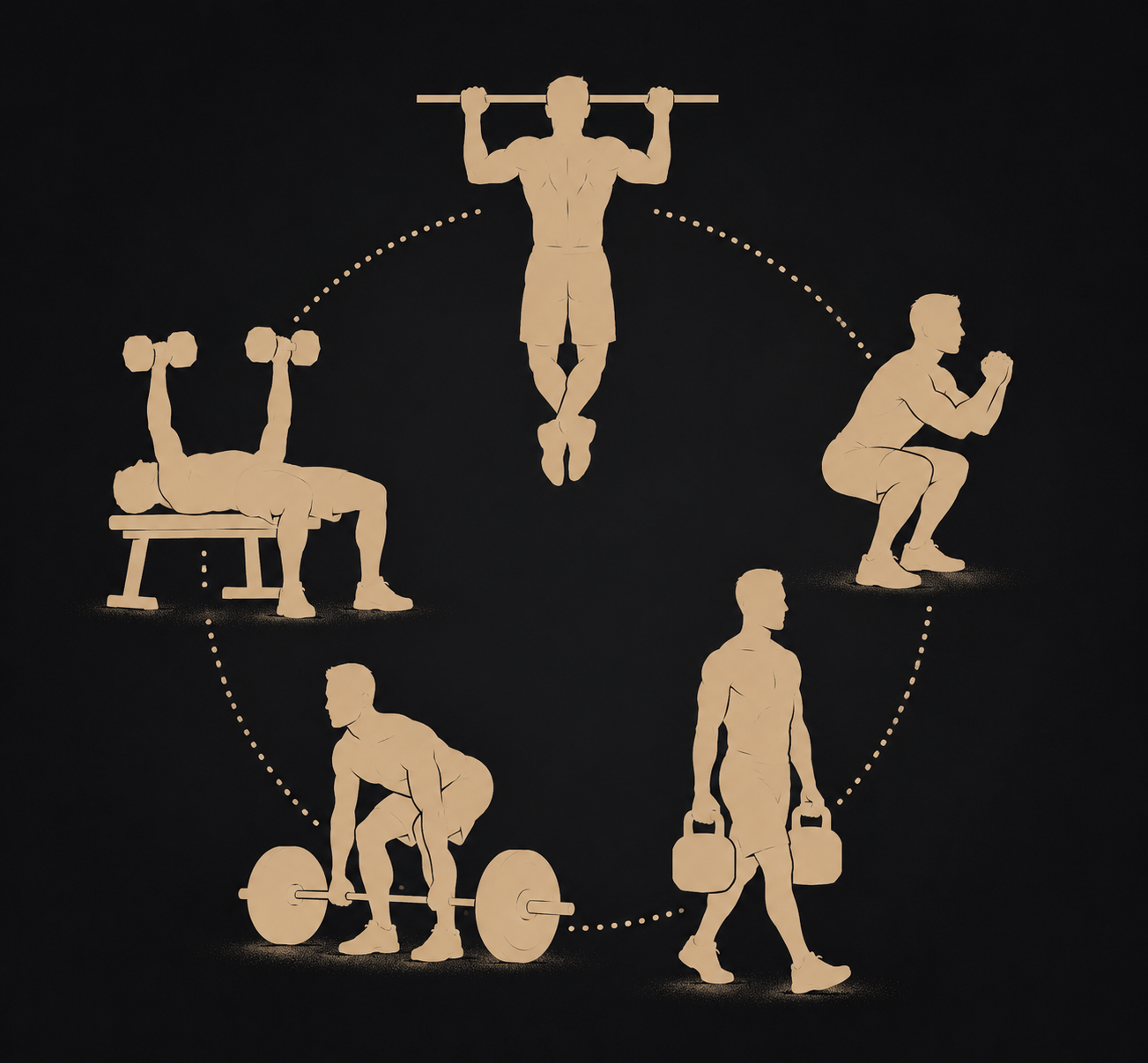 Five exercise silhouettes showing press, pull, squat, hinge, and carry movement patterns