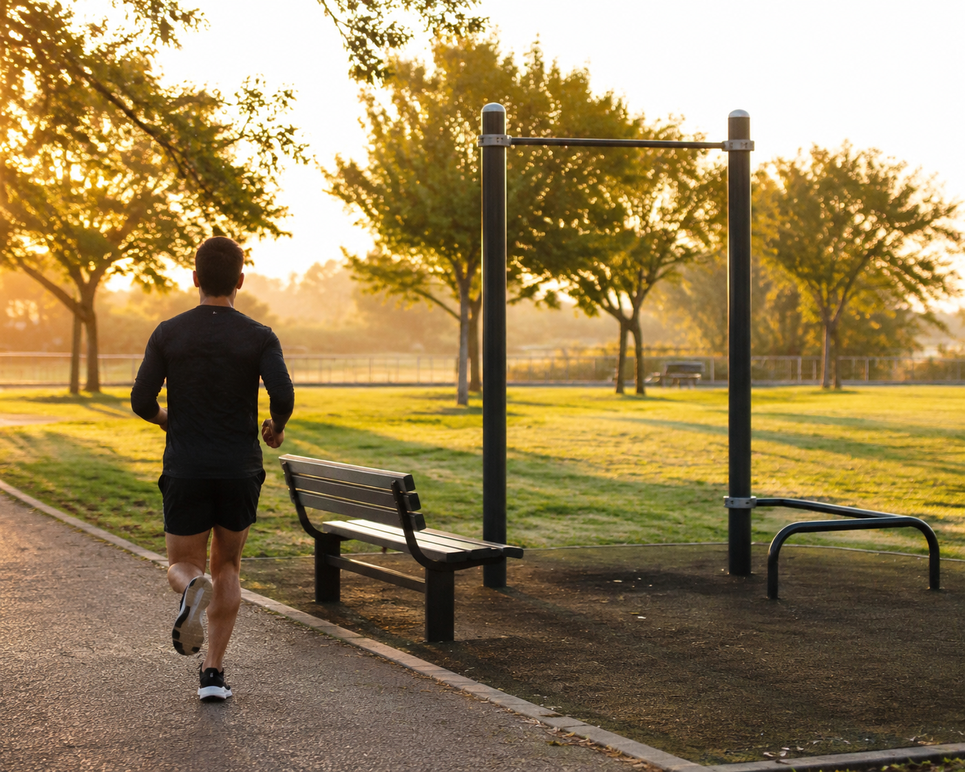 Outdoor park workout area with pullup bar, bench, and open space for bodyweight training