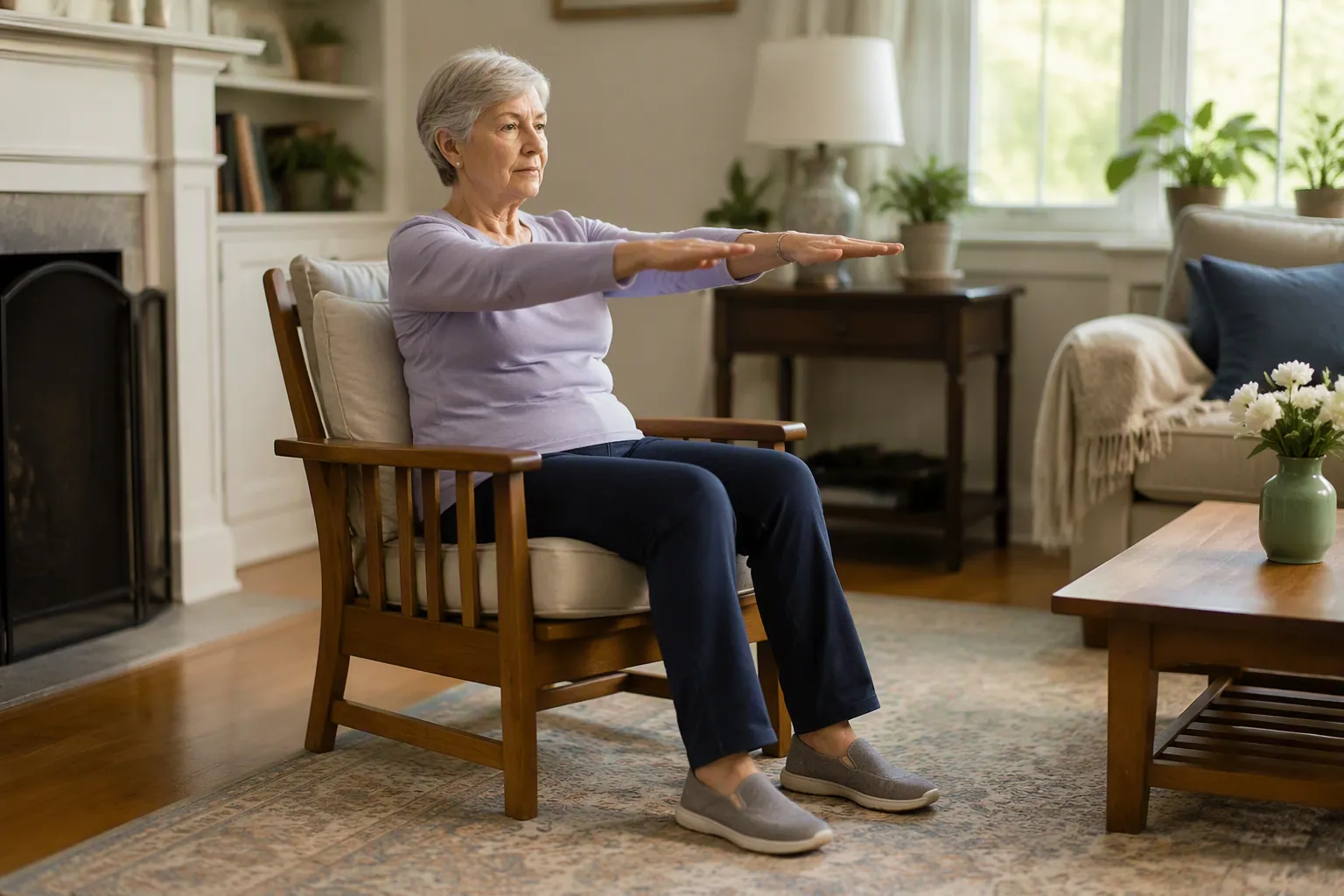 Older woman seated in a sturdy chair doing a gentle seated mobility exercise