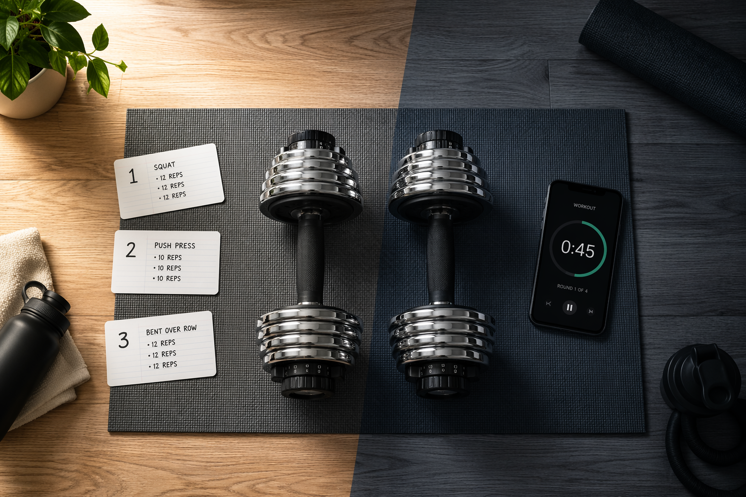 Flat-lay composition on a wood-textured floor with a dark grey workout mat, a pair of adjustable chrome and black dumbbells centered, surrounded by white numbered workout index cards and a smartphone showing a workout timer at 0:45. The background is split diagonally into a warm-lit left half and a cool-shadowed right half.