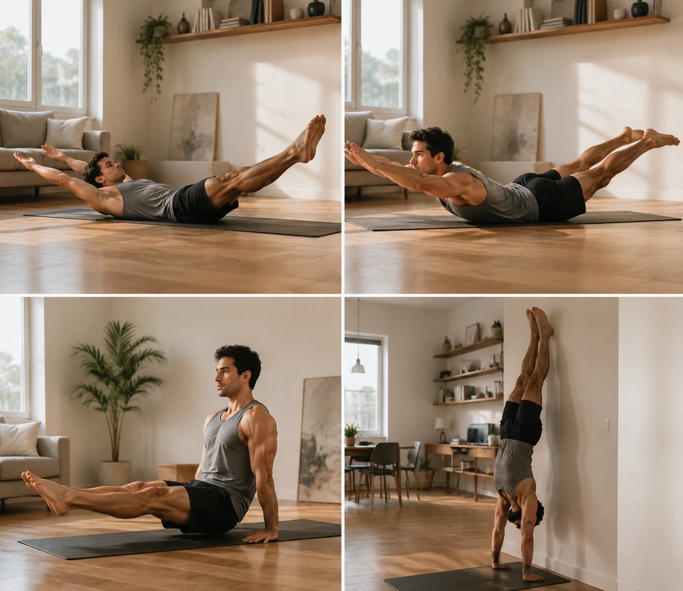 Adult training hollow hold, arch hold, L-sit, and wall handstand in a bright living room