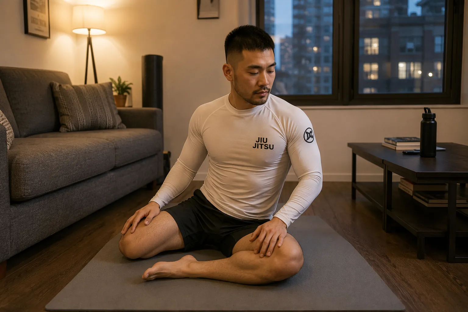 BJJ practitioner doing a seated 90/90 hip rotation drill on a thin mat in a compact apartment