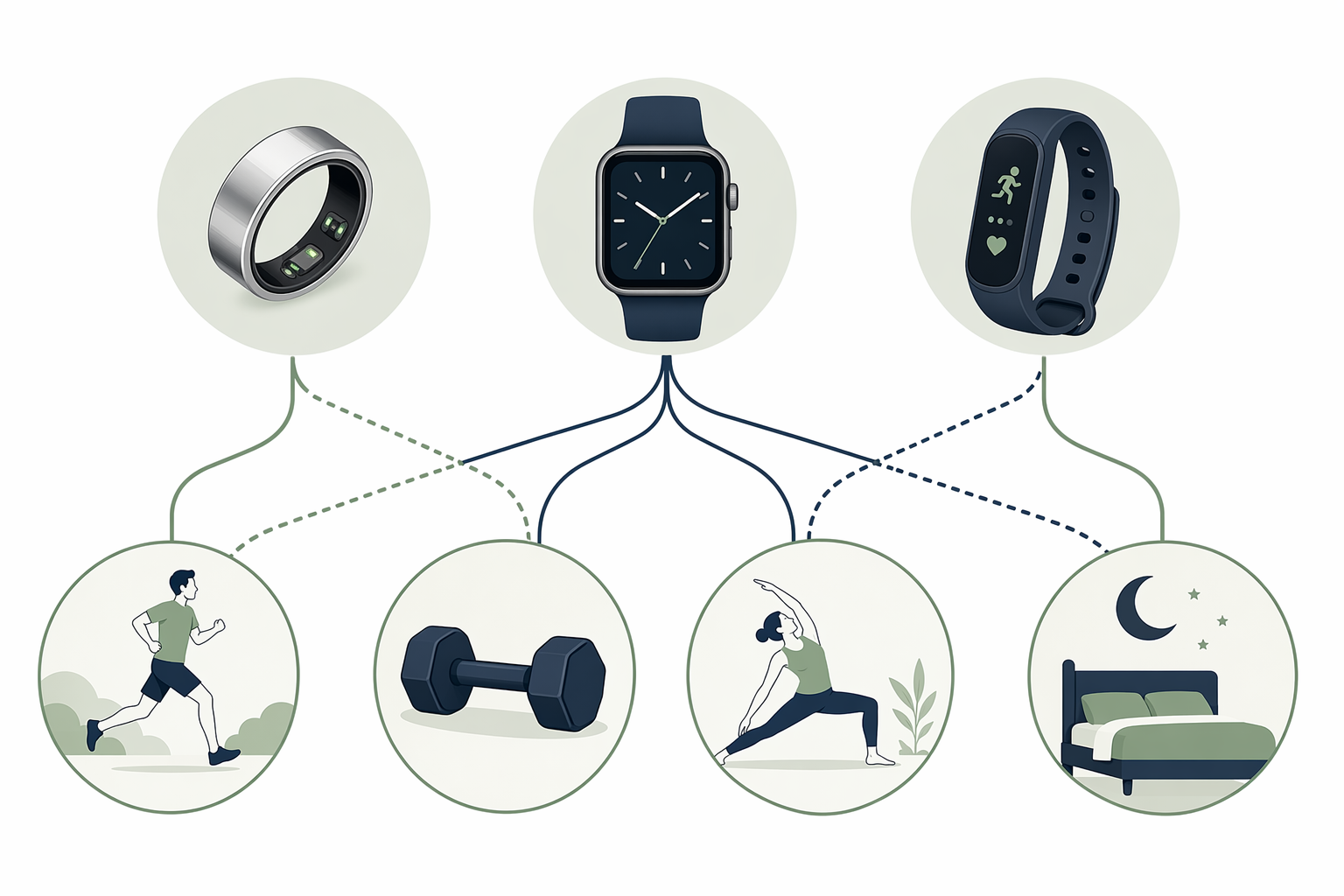 Decision framework connecting rings, smartwatches, and fitness bands to cardio, strength, flexibility, and sleep recovery