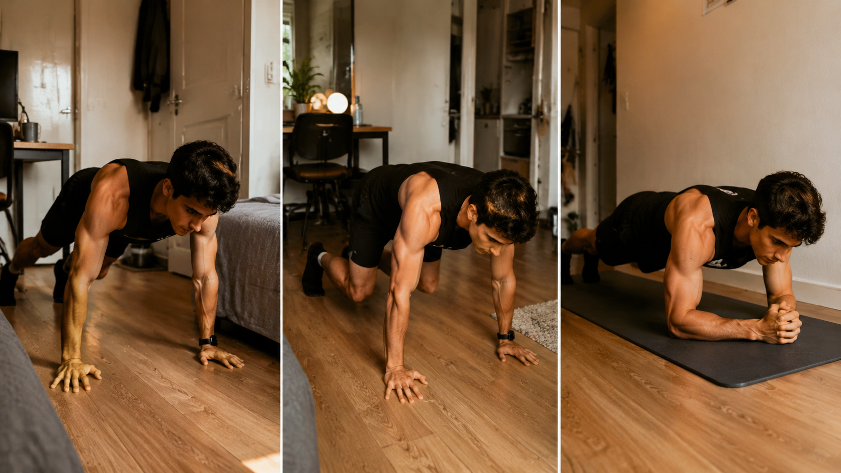 A person doing sprawls, bear crawls, and planks in a confined apartment space