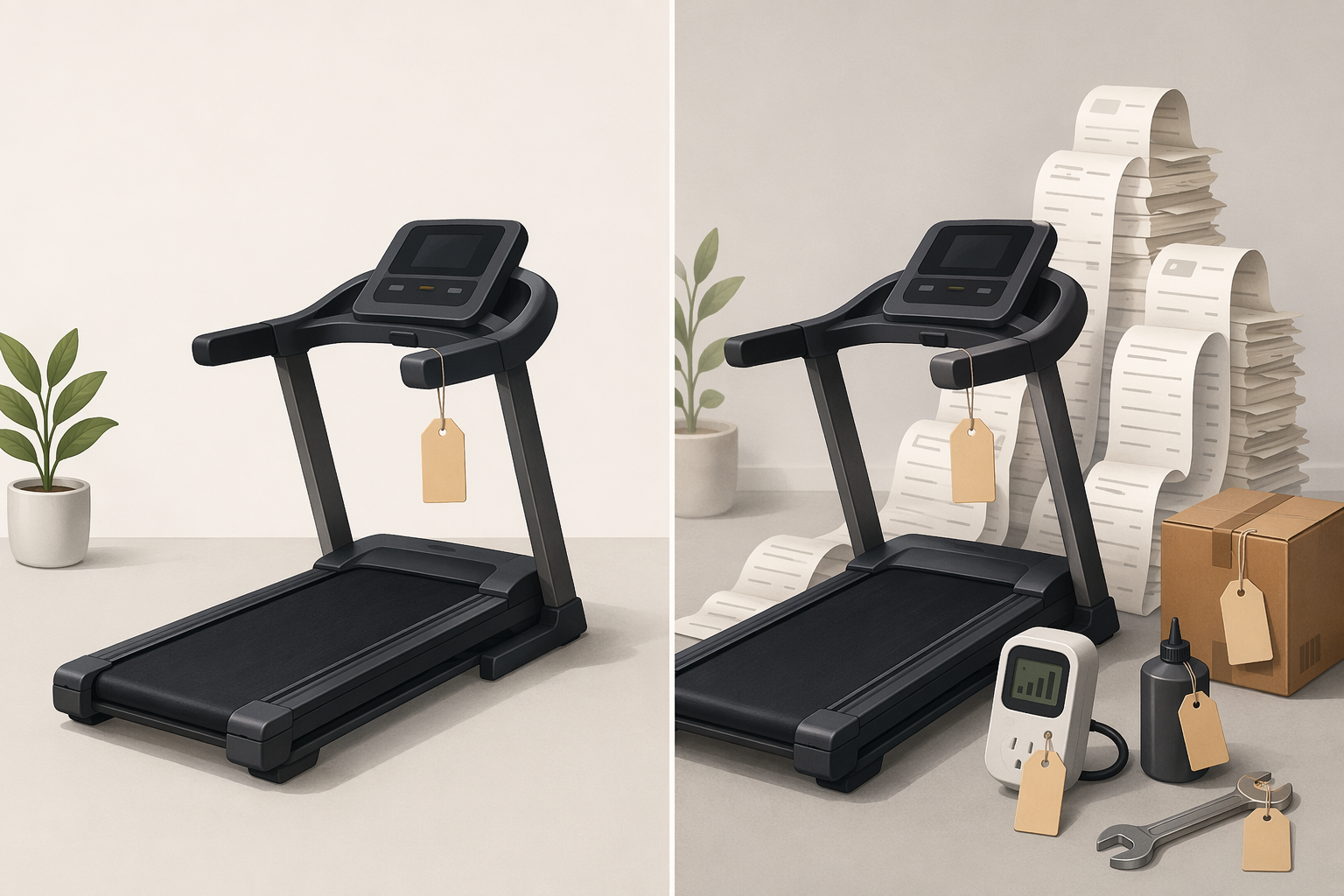 Side-by-side editorial illustration of a treadmill. On the left, a small price tag. On the right, the same treadmill surrounded by accumulating cost elements: subscription receipts, delivery fee tag, electricity meter, lubricant bottle, and maintenance tool.
