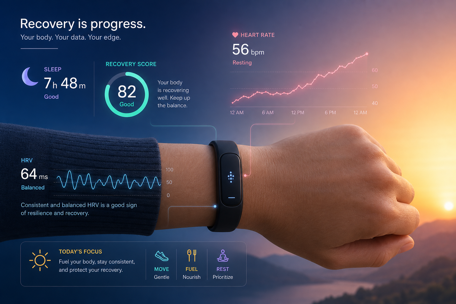 A wrist wearing a fitness tracker band with a soft glowing data overlay showing a heart rate line, a crescent moon for sleep, a circular recovery score gauge, and an HRV waveform against a gradient background from deep blue to warm sunrise tones.