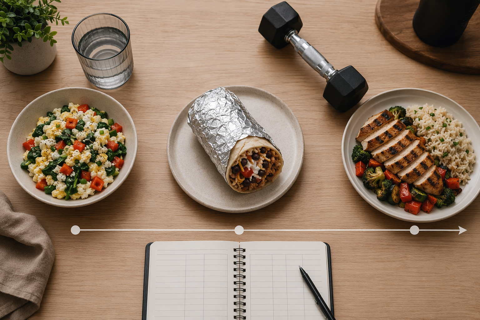 Training day meal timeline with a high-protein breakfast bowl, a burrito beside a small dumbbell, a grilled chicken dinner plate, and a calorie tracking notebook