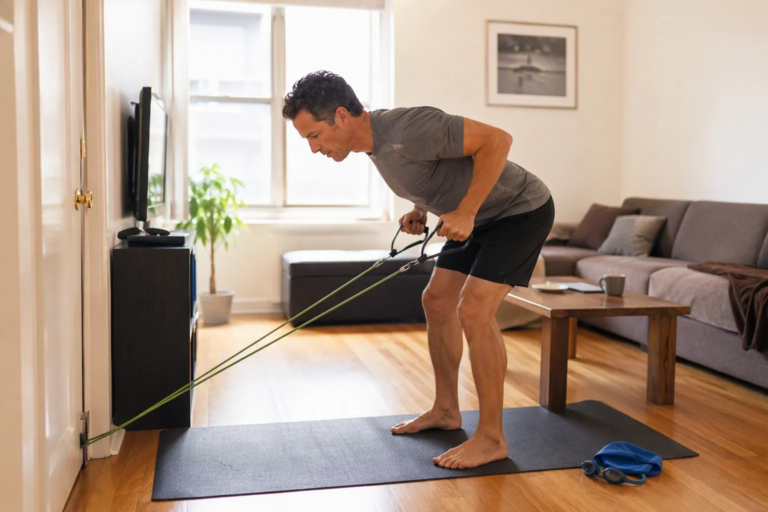 Adult doing a two-arm bent-over resistance band pull in a small living room with swim gear nearby