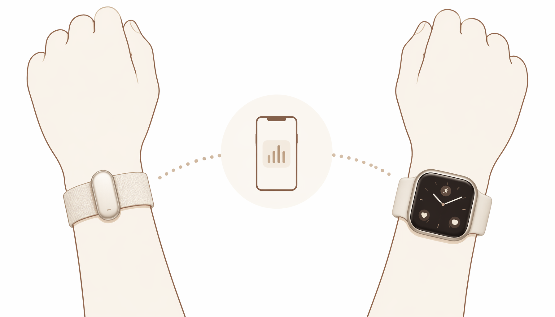 Minimal editorial illustration showing two wrists side by side — one wearing a slim screenless band and the other wearing a smartwatch — with a dotted line indicating data syncing to a phone icon between them.