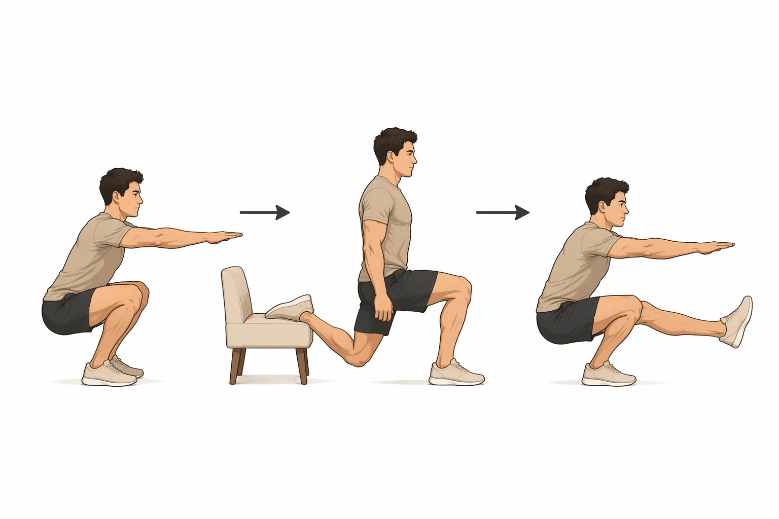 Squat progression from bodyweight squat to Bulgarian split squat to single-leg pistol squat
